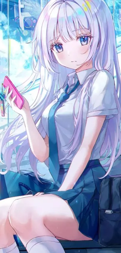 Anime school girl with phone in vibrant setting.