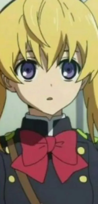 Anime girl with blonde pigtails and purple eyes in military uniform.