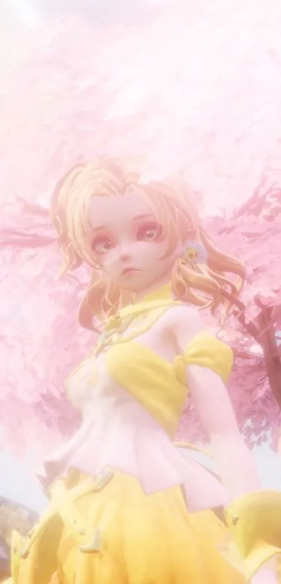 Anime girl in yellow dress with pink blossom background.