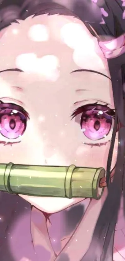 Anime girl with pink eyes and bamboo gag, surrounded by petals.