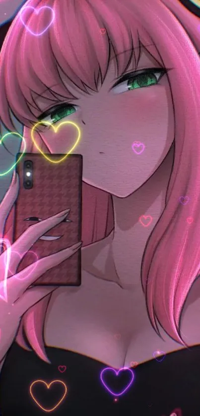 Anime girl with pink hair holding a phone surrounded by colorful heart patterns.