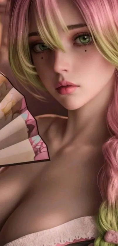Anime girl with pink hair and a fan, exuding elegance.