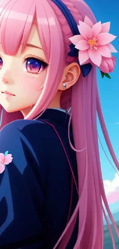 Anime girl with pink hair and flower under a blue sky.