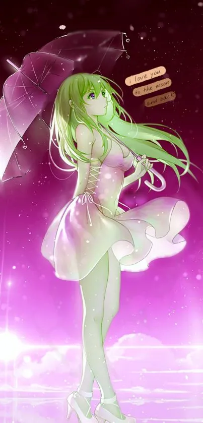 Anime girl holding a pink umbrella in a purple setting.