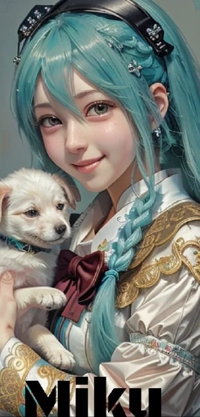 Anime girl with blue hair holding a cute puppy.