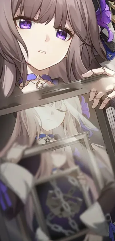 Anime girl with purple accents holding a framed picture.