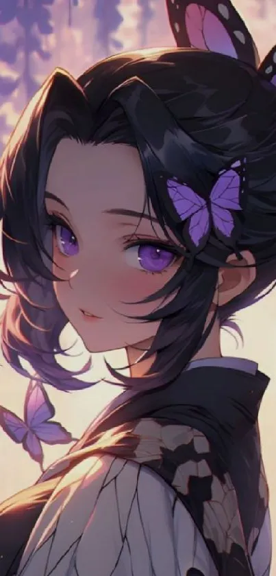 Anime girl with purple butterflies in artistic mobile wallpaper.