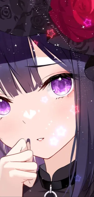 Anime girl with purple eyes, gothic theme, and star effects mobile wallpaper.