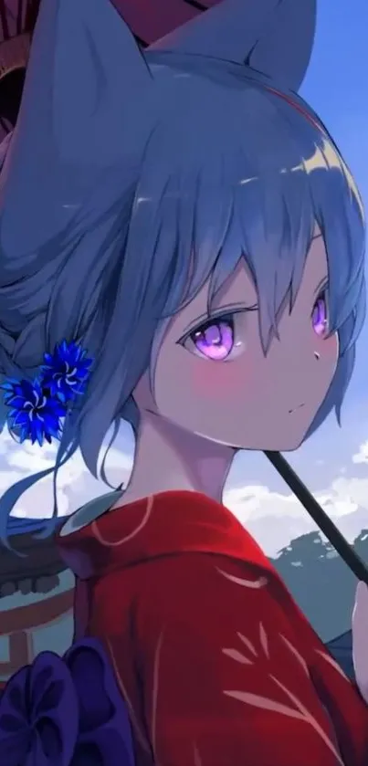 Anime girl with purple eyes and blue hair under a calm sky.