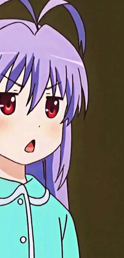 Anime girl with purple hair and red eyes, wearing a pastel outfit.