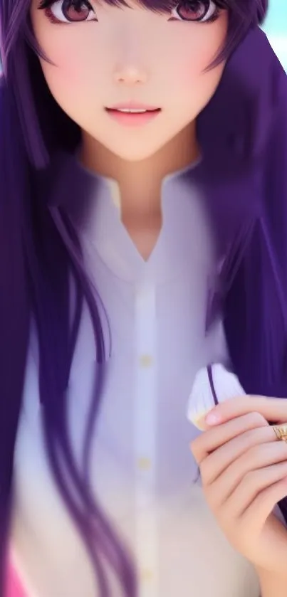 Anime girl with long purple hair holding an object, perfect for a mobile wallpaper.