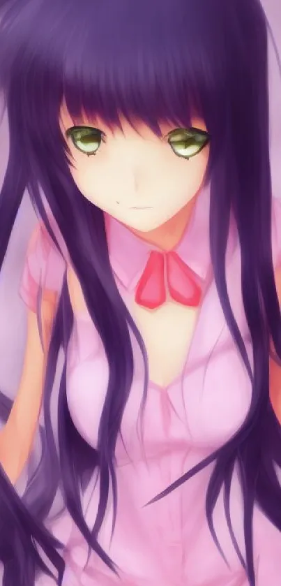 Anime girl with purple hair and green eyes on pink background.