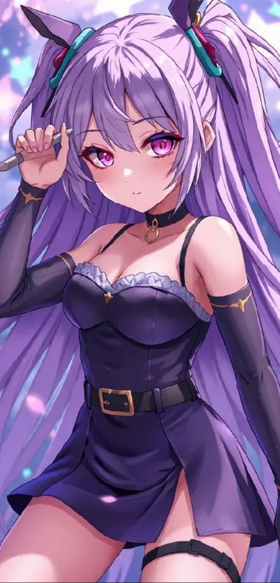 Anime girl with long purple hair in a stylish outfit, colorful background.