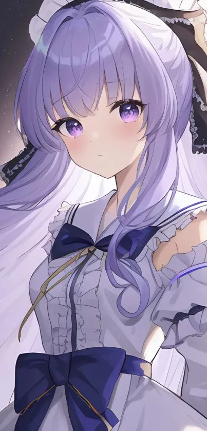 Anime girl with purple hair and detailed outfit on a mobile wallpaper.