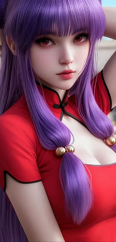 Wallpaper of anime girl with purple hair and red outfit.