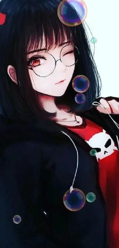 Anime girl with red and black accents on a mobile wallpaper.