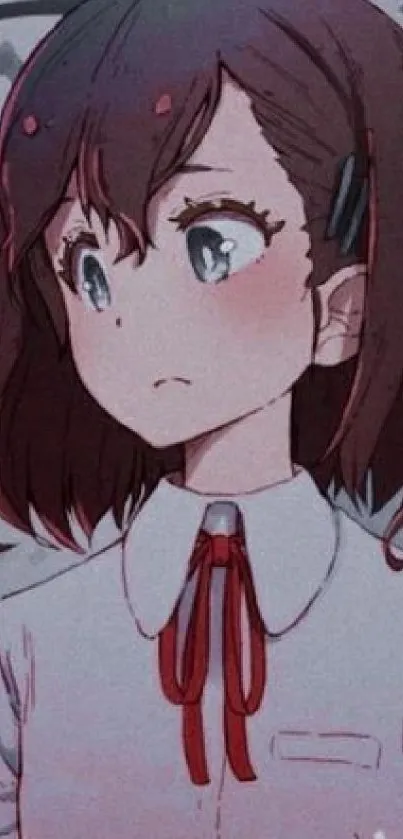 Anime girl with expressive eyes and red ribbon in school outfit.