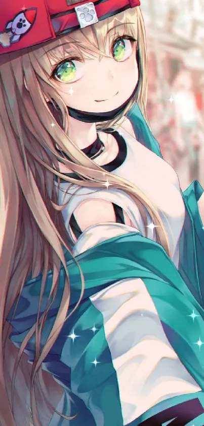 Anime girl with a red cap and vibrant turquoise jacket on a phone wallpaper.