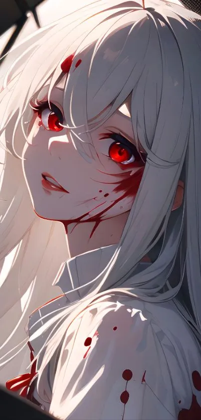 Anime girl with white hair and striking red eyes, featuring a stylish design.