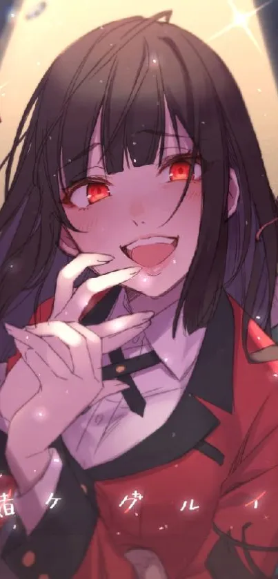 Anime girl with red eyes and dark hair, surrounded by dramatic lighting.