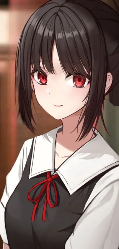 Anime girl with red eyes, black hair, and a school uniform.