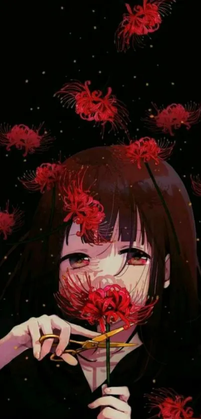 Anime girl with red flowers, dark background