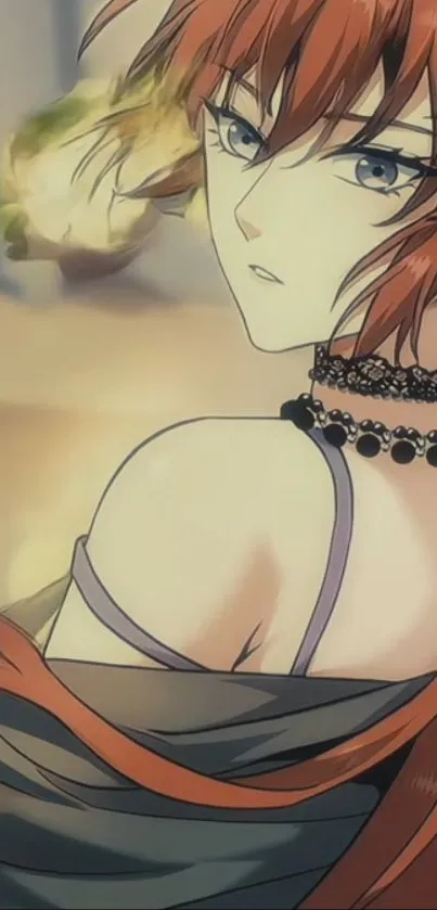 Anime girl with red hair and choker looking back