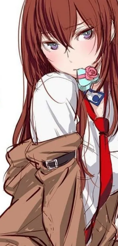 Anime girl with long brown hair and red tie.