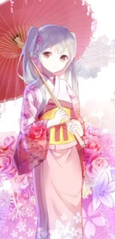 Anime girl with a red umbrella and pink flowers in background.