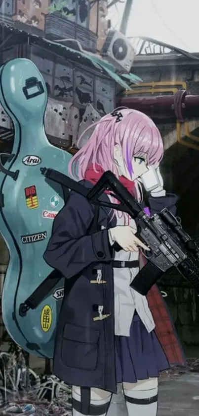 Anime girl with pink hair, holding a rifle and cello, in an urban setting.