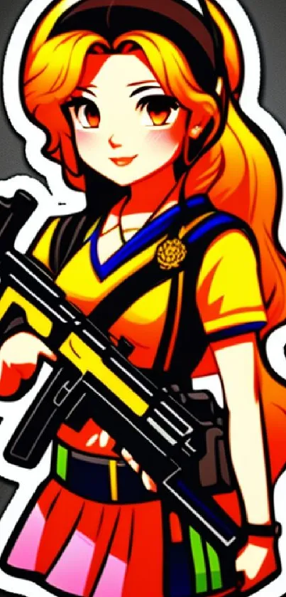 Anime-style girl with rifle on a vibrant background wallpaper.