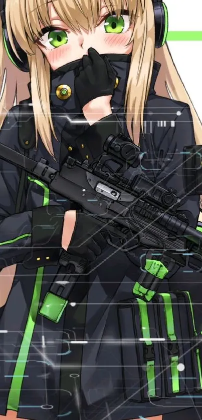 Anime girl with cat ears and a rifle, vibrant design.