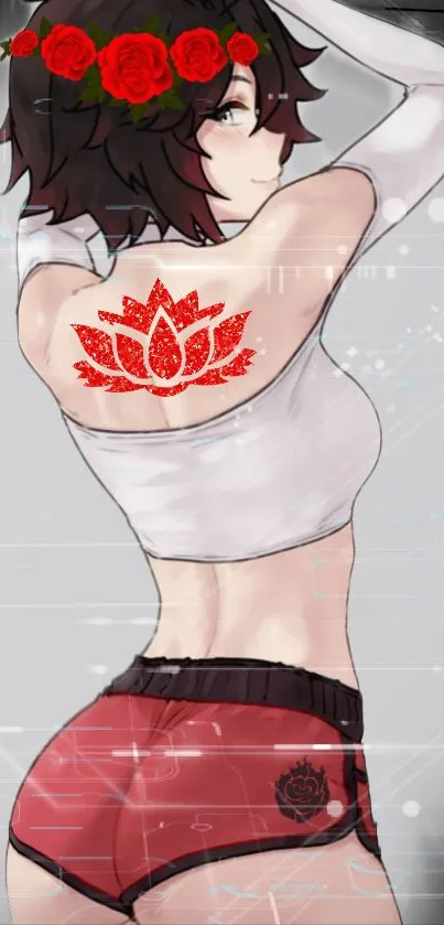 Anime girl with red rose tattoo and digital design background.