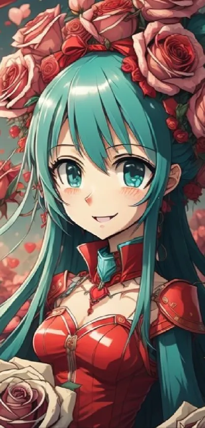 Anime girl with teal hair and red rose crown.