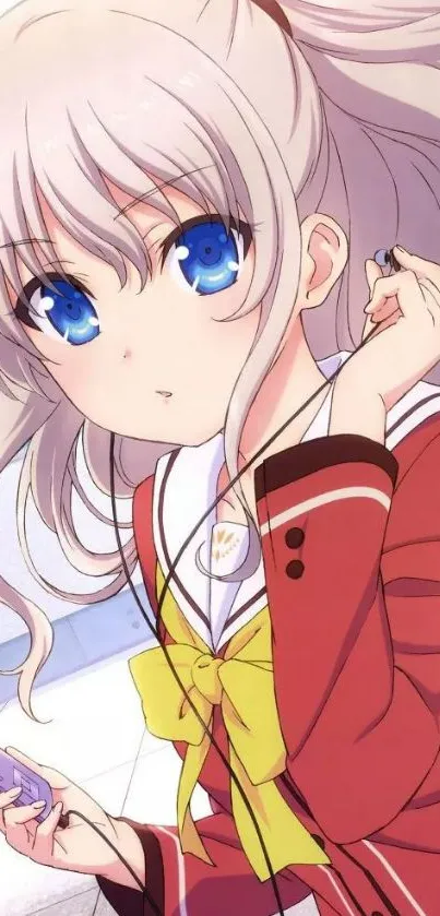 Anime girl with blue eyes holding a smartphone in a red jacket.