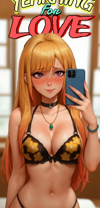 Anime girl taking a selfie in colorful attire.