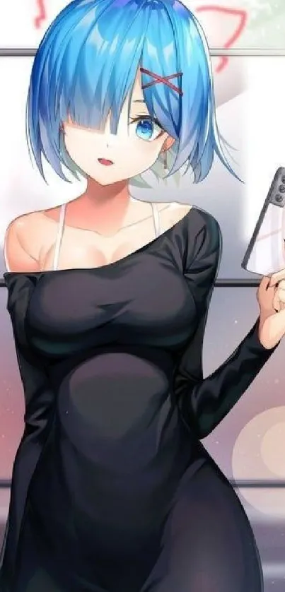 Anime girl with blue hair holding a smartphone in artistic style.