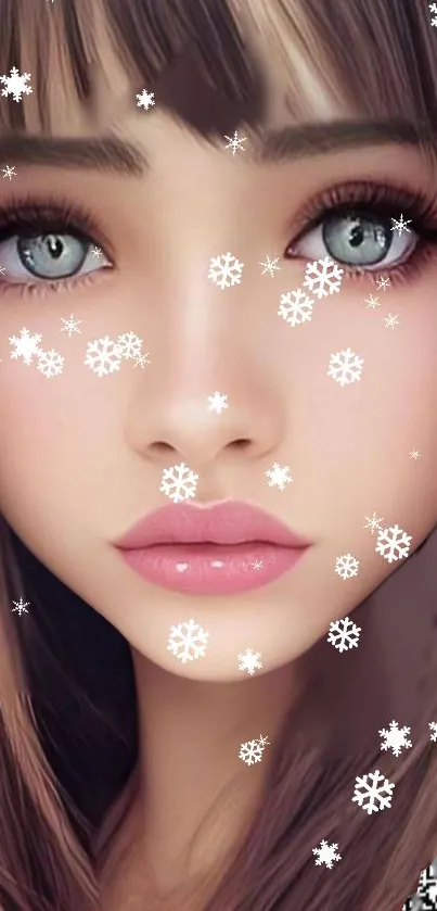 Anime girl with snowflakes mobile wallpaper.