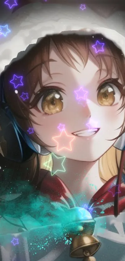 Anime girl with glowing star effects in colorful digital art.