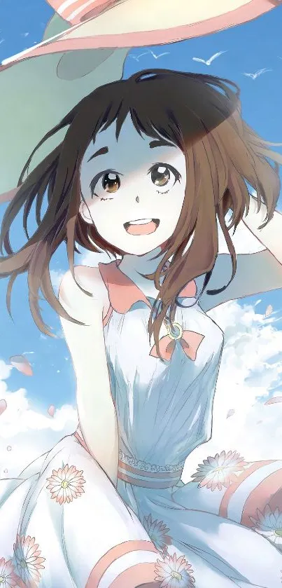 Anime girl in a white dress wearing a summer hat under blue sky.