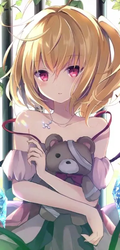 Anime girl holding a teddy bear with crystals and vines in the background.