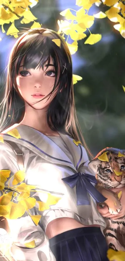 Anime girl with tiger cub under yellow leaves in sunlight.