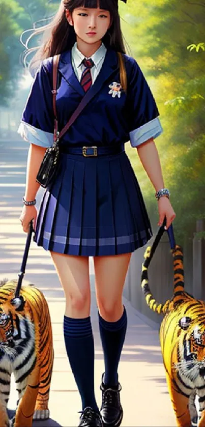 Anime girl walks two tigers on a scenic path.