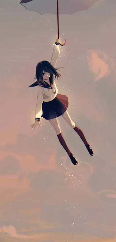 Anime girl floating in sky with red umbrella, soft pastel colors.