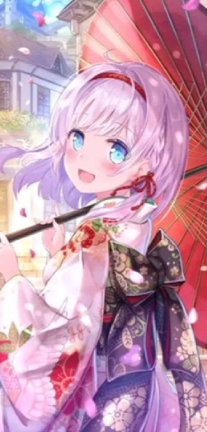 Anime girl in kimono holding a red umbrella.