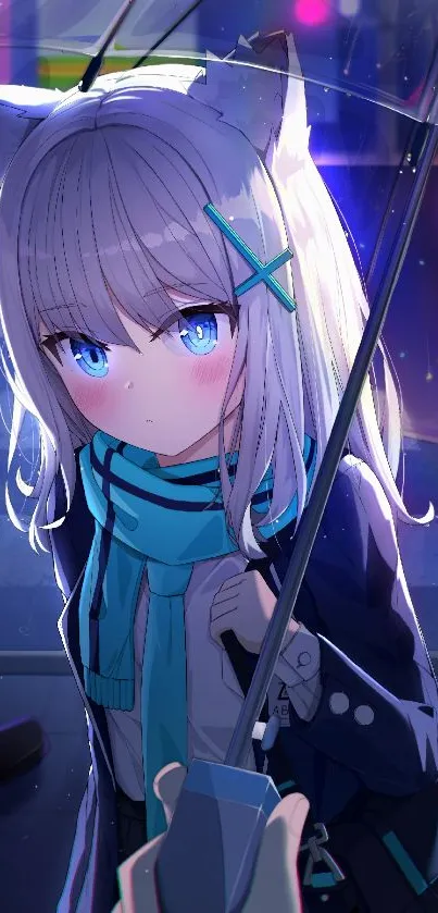 Anime girl with blue eyes and umbrella in a night scene.