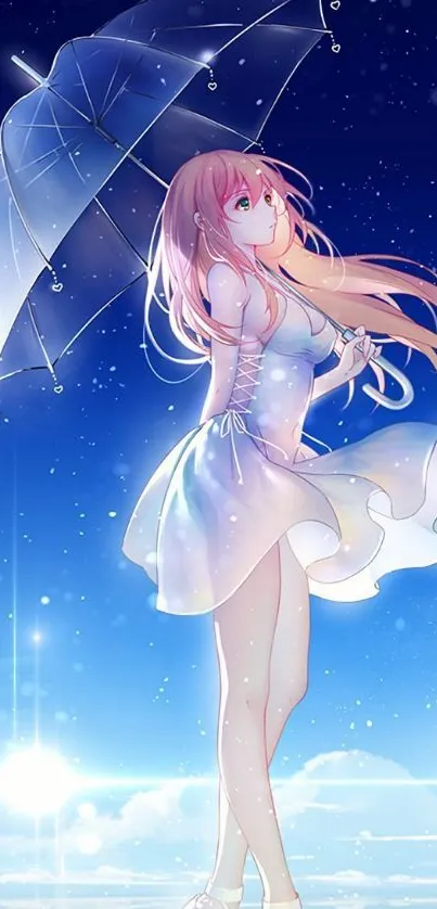 Anime girl with umbrella under a starry, blue sky.