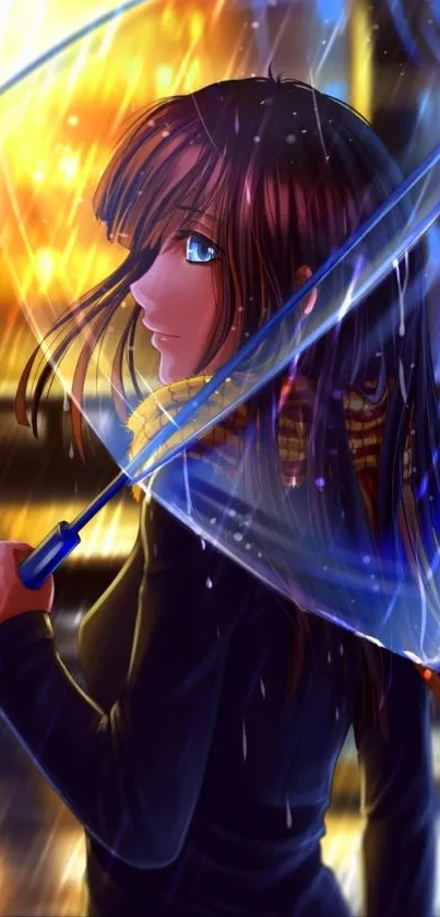 Anime girl with umbrella in rain, colorful digital art.