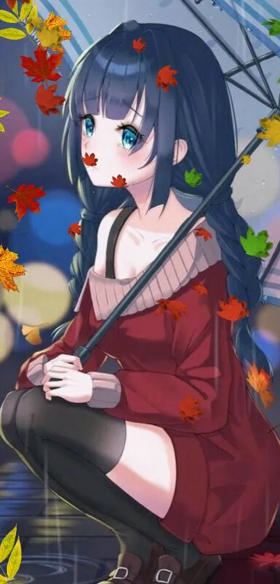 Anime girl with umbrella and autumn leaves wallpaper.