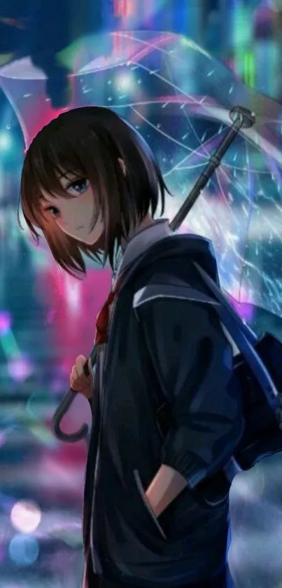 Anime girl holding a transparent umbrella against a backdrop of colorful city lights.